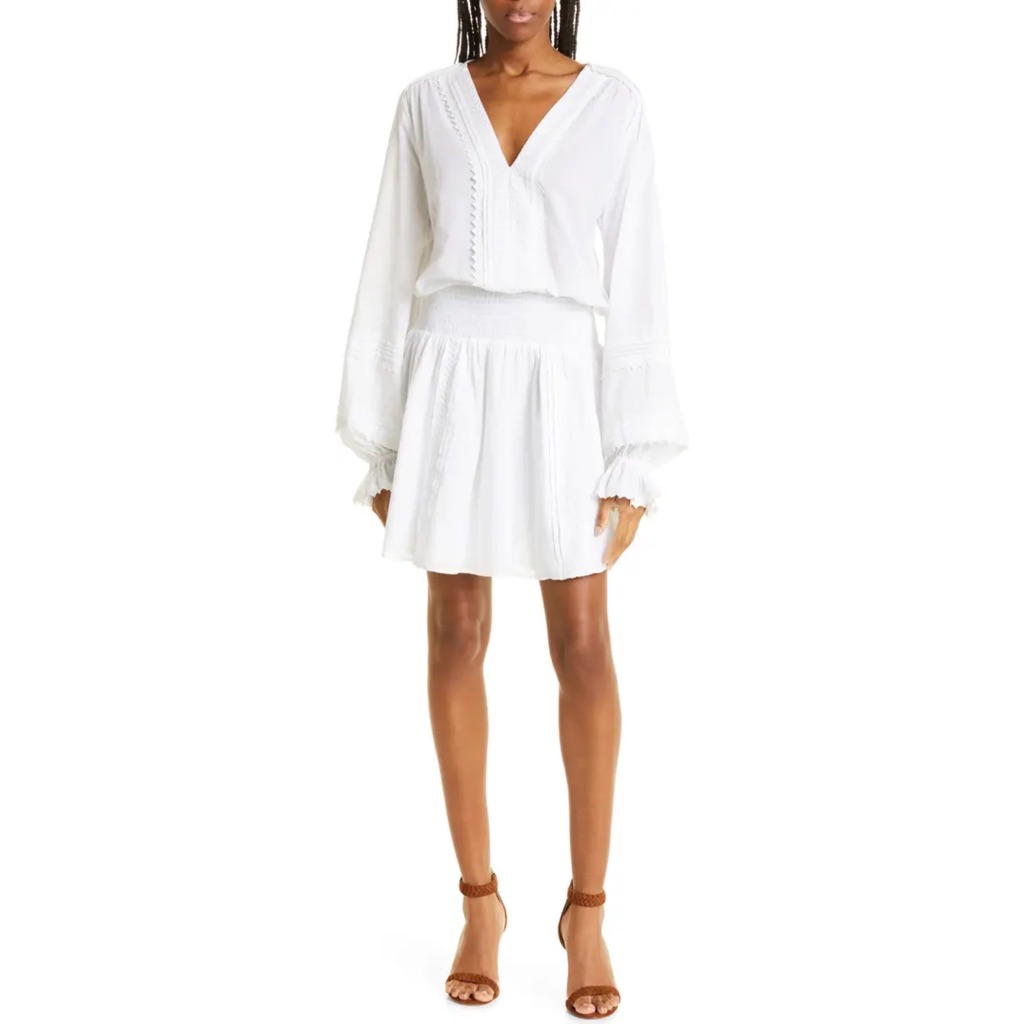 Nwt-Ramy Brook Patty Smocked Waist Long-Sleeve Ivory White Mini Dress, Large